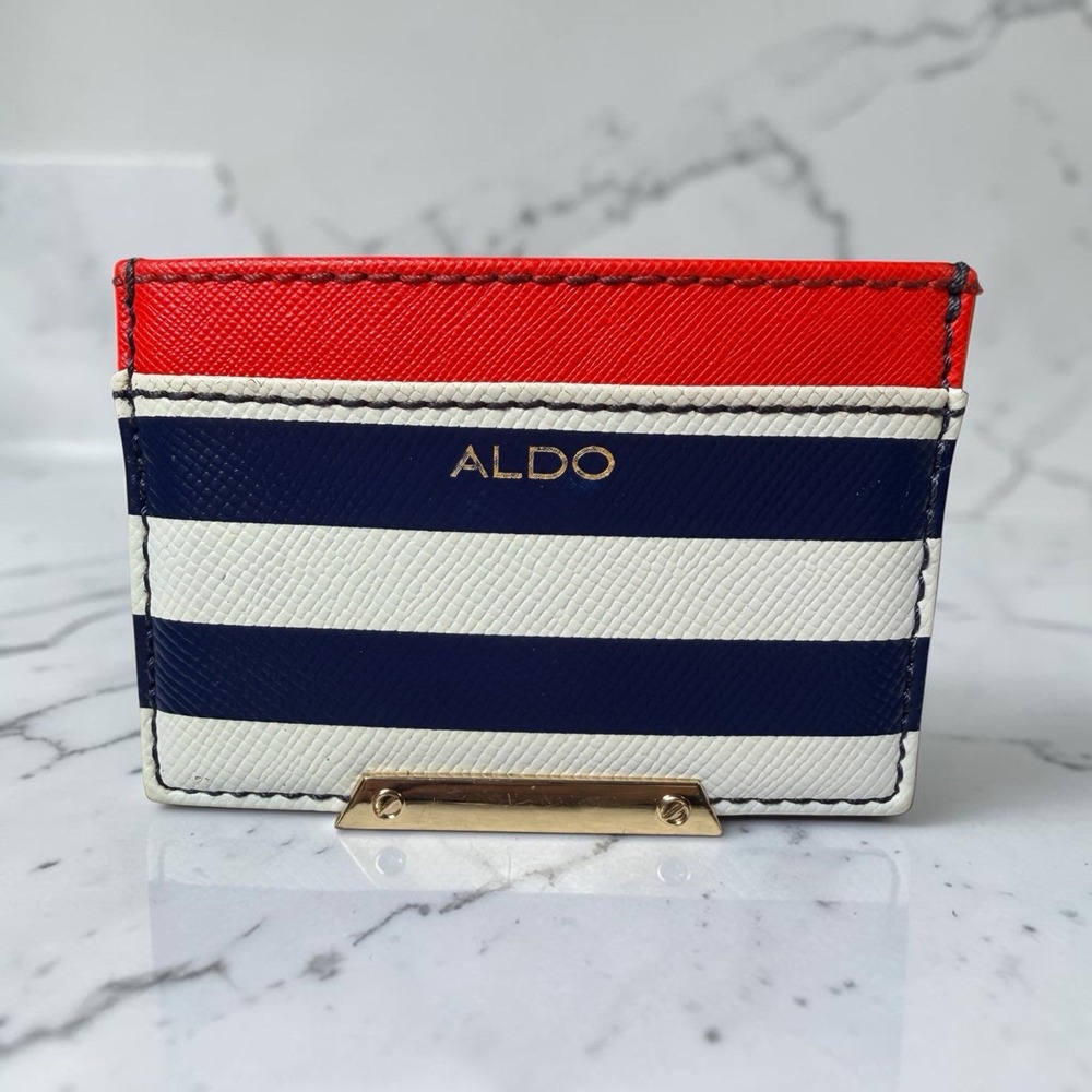 Aldo Card Holder Women OS Red Navy White Striped Nautical Gold Hardware